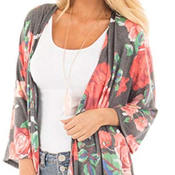 ONE LEFT Sz SMALL! Grey Rose Jersey Duster Kimono - Picture 4 of 5